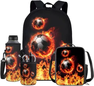 Soccer Backpack for Boys Kids Backpack with Lunch Box Water Bottle Holder and Pen Holder 4 in 1 Cool Bookbag Set for School Teens 17 inch Sturdy School Bag with Side Pocket for Elementary Boys