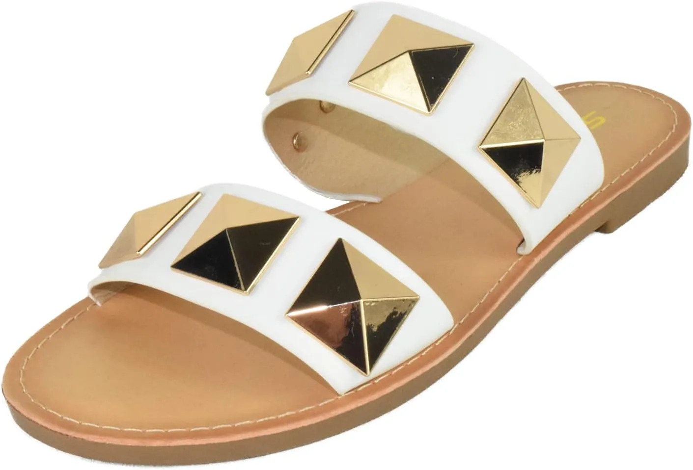 Soda Shoes Women's Sandals Double Strap Flip Flops Slides Large Gold Studded CETUS-S