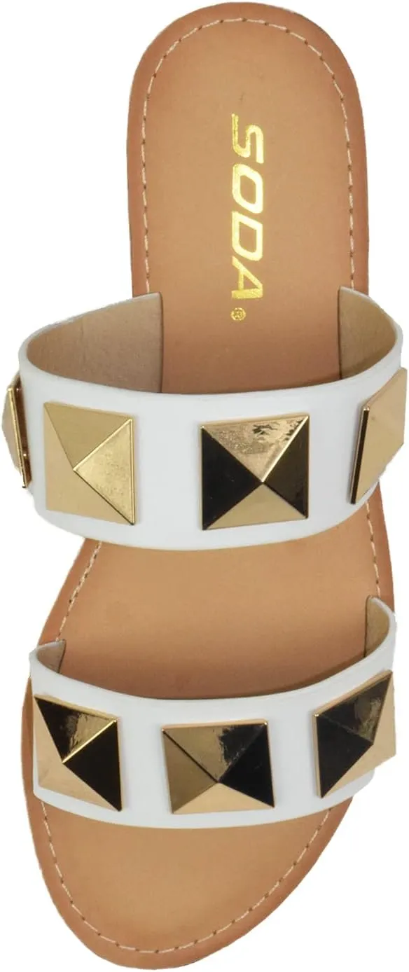 Soda Shoes Women's Sandals Double Strap Flip Flops Slides Large Gold Studded CETUS-S