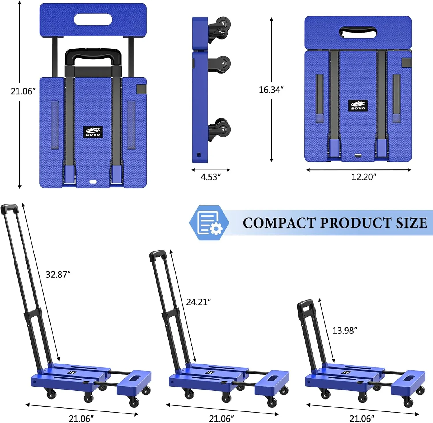 SOYO Folding Hand Truck, 500lbs Heavy Duty Dolly, Portable 6 Wheels Collapsible Luggage Cart with 2 Elastic Ropes for Moving, Travel, Shopping, House Office Use, Blue