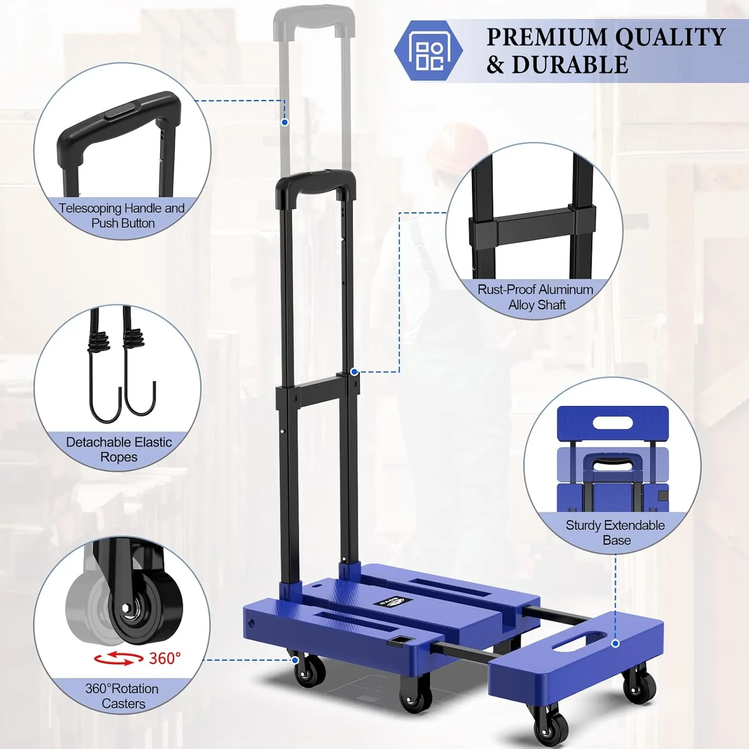 SOYO Folding Hand Truck, 500lbs Heavy Duty Dolly, Portable 6 Wheels Collapsible Luggage Cart with 2 Elastic Ropes for Moving, Travel, Shopping, House Office Use, Blue