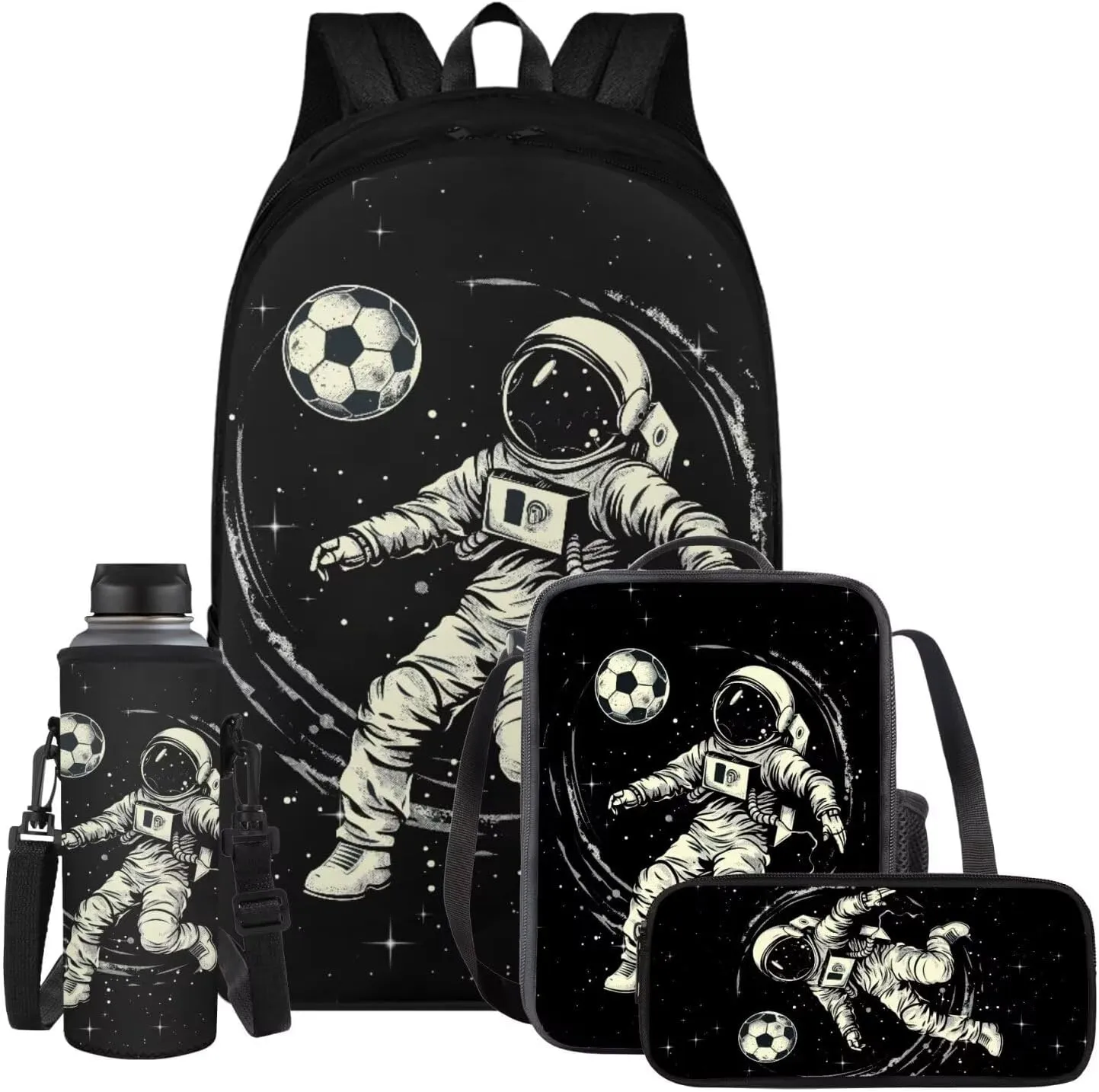 Space Astronaut Backpack for Kids Boys Backpack with Lunch Box Water Bottle Holder and Black Pencil Case 4PCS Set Bookbag with Compartments 17 inch Sturdy School Bag with Side Pocket for Girls