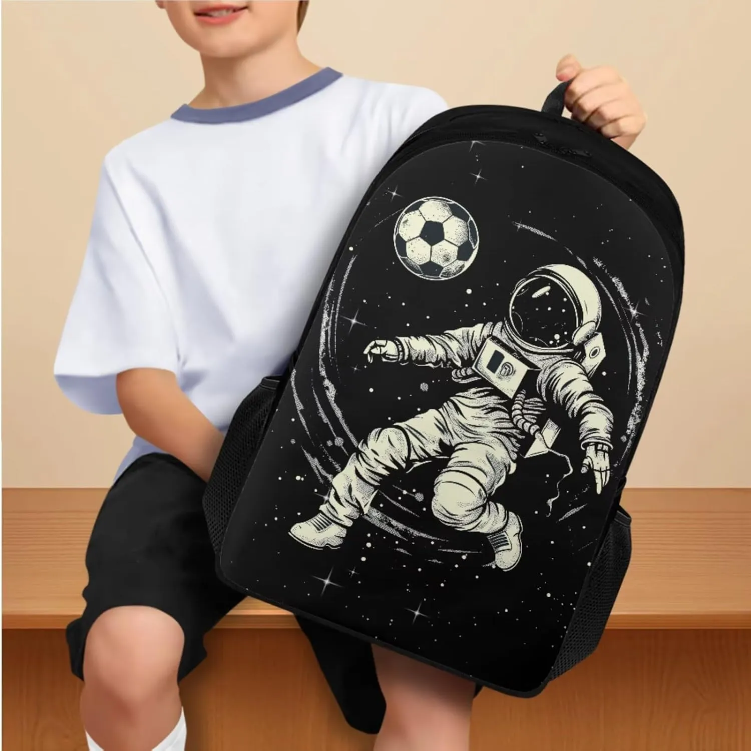 Space Astronaut Backpack for Kids Boys Backpack with Lunch Box Water Bottle Holder and Black Pencil Case 4PCS Set Bookbag with Compartments 17 inch Sturdy School Bag with Side Pocket for Girls