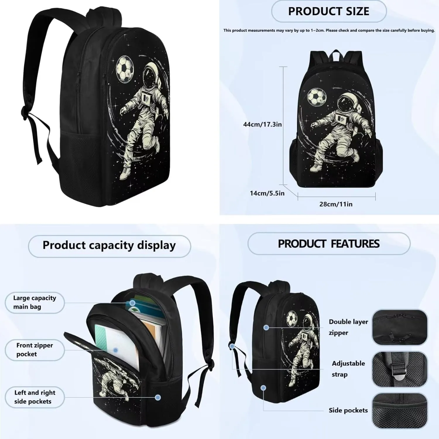 Space Astronaut Backpack for Kids Boys Backpack with Lunch Box Water Bottle Holder and Black Pencil Case 4PCS Set Bookbag with Compartments 17 inch Sturdy School Bag with Side Pocket for Girls