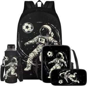 Space Astronaut Backpack for Kids Boys Backpack with Lunch Box Water Bottle Holder and Black Pencil Case 4PCS Set Bookbag with Compartments 17 inch Sturdy School Bag with Side Pocket for Girls