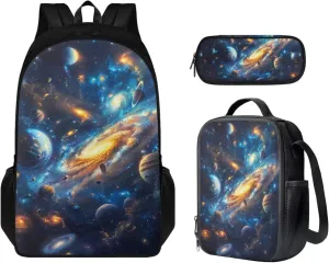 Space Galaxy Backpack for Boys Girls Backpack with Lunch Box and Big Pencil Case 3PCS Set Bookbag with Compartments for School Teens 17 inch Large Capacity School Bag with Side Pocket for Kids