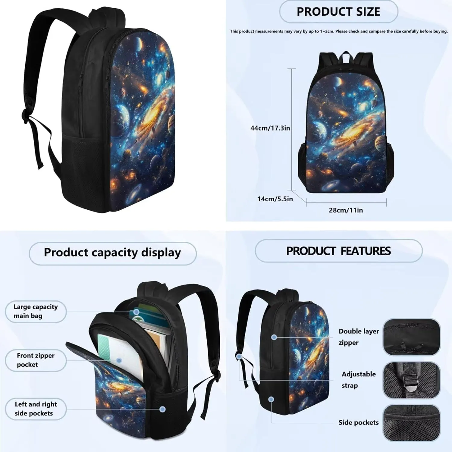 Space Galaxy Backpack for Boys Girls Backpack with Lunch Box and Big Pencil Case 3PCS Set Bookbag with Compartments for School Teens 17 inch Large Capacity School Bag with Side Pocket for Kids