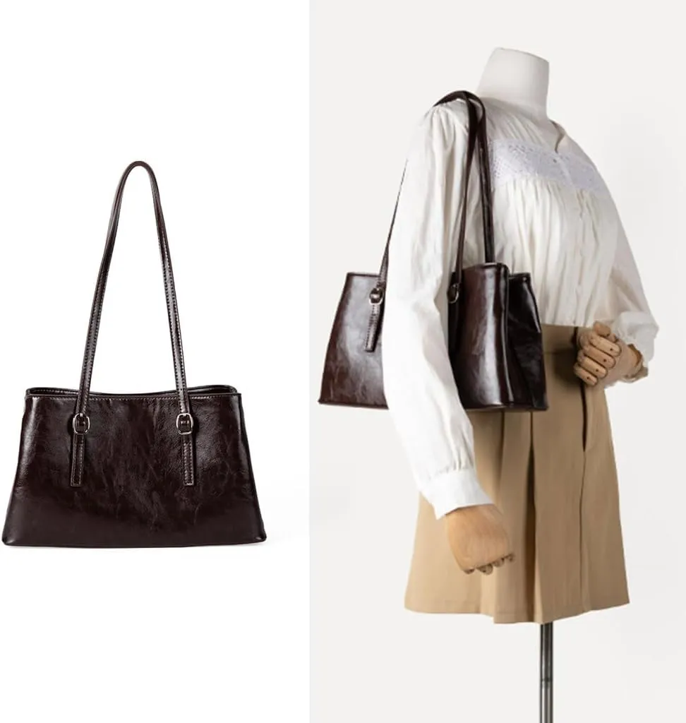 Spacious Women's Shoulder Bag Oil Glossy PU Leather Large Capacity Underarm for Women Commuters or Students Handbag