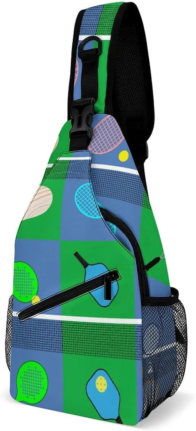 Sport Game Rackets Balls Sling Bag Crossbody for Women Men Lightweight Adjustable Extender Strap Tennis Pickleball Squash Shoulder Backpack with Water Bottle Holder Casual Daypack for Hiking Tr