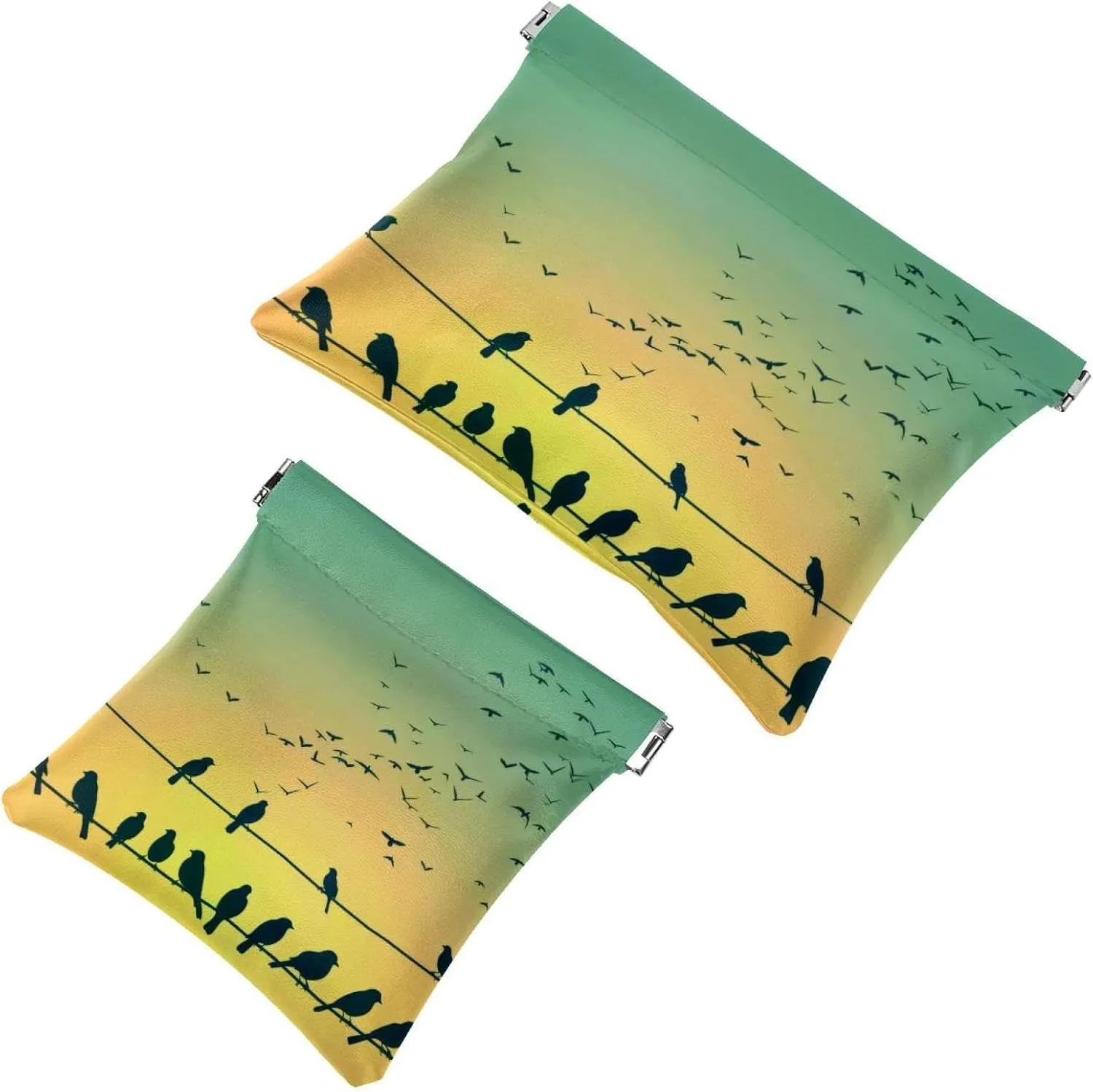 Spring Nature Sparrow Birds Silhouettes Pocket Cosmetic Bag, Waterproof Squeeze Makeup Bag No Zipper Self-Closing, Portable Mini Travel Storage for Headphones Jewelry