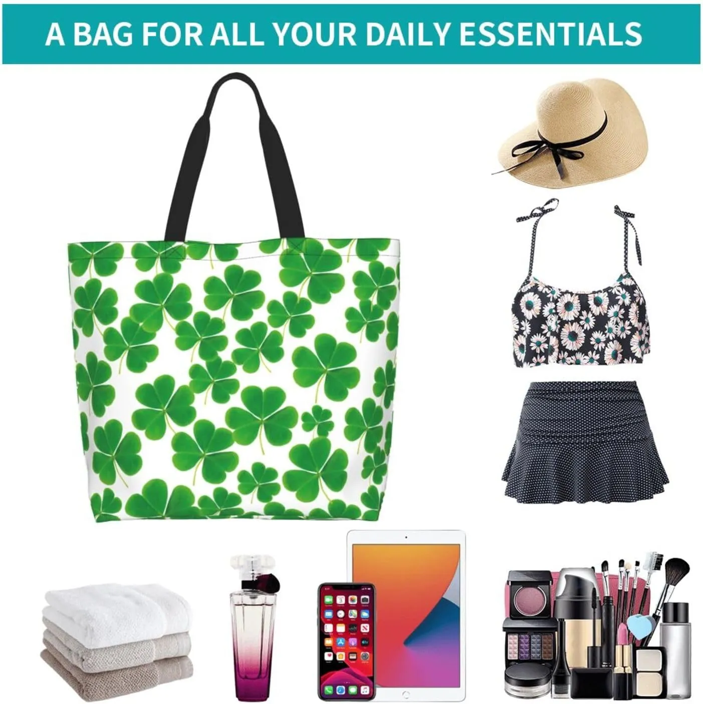 St Patrick's Day Shamrock Tote Bag for Women Men Lucky Clover Reusable Grocery Bags for Work,Picnic,Camping,Travel