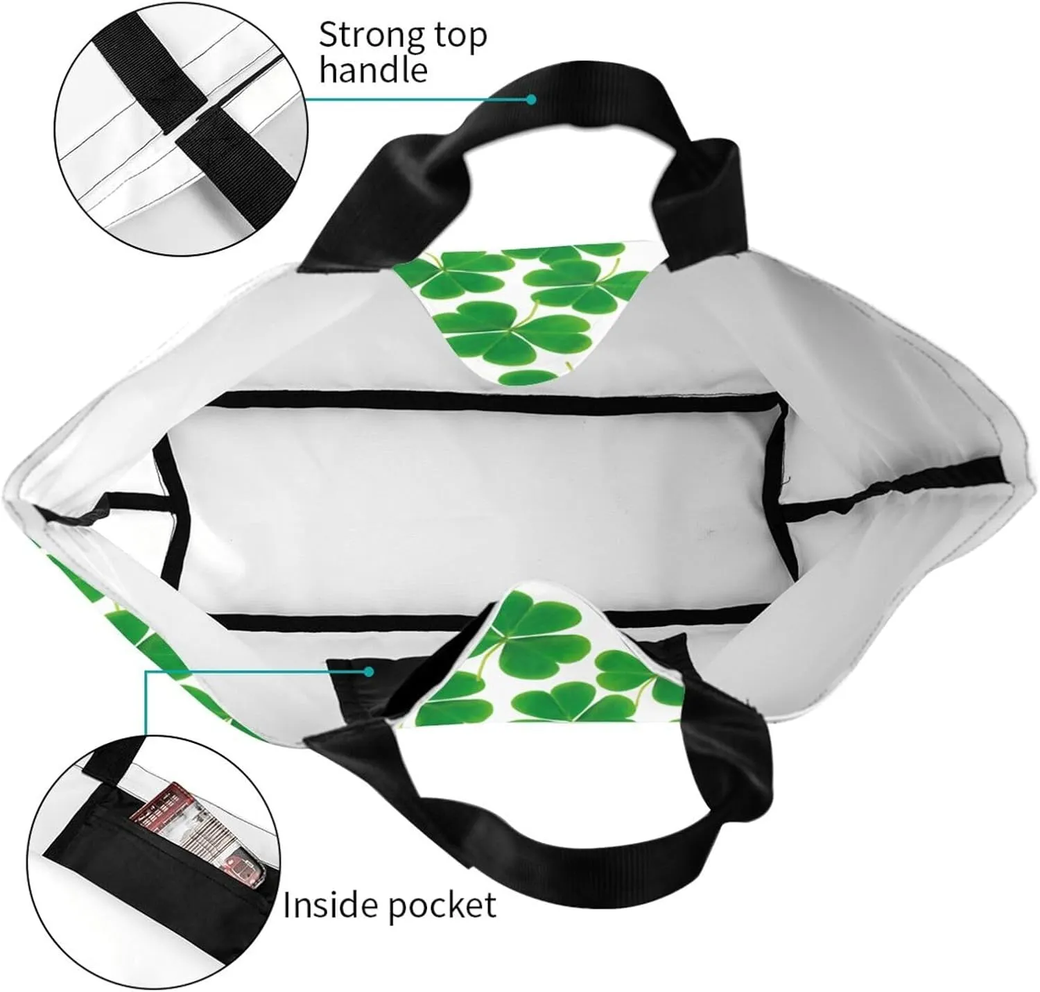 St Patrick's Day Shamrock Tote Bag for Women Men Lucky Clover Reusable Grocery Bags for Work,Picnic,Camping,Travel