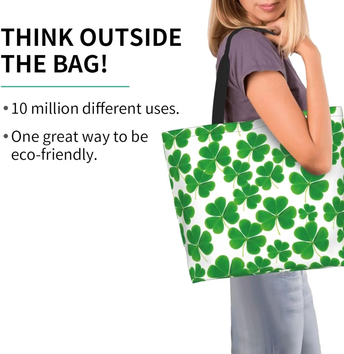 St Patrick's Day Shamrock Tote Bag for Women Men Lucky Clover Reusable Grocery Bags for Work,Picnic,Camping,Travel
