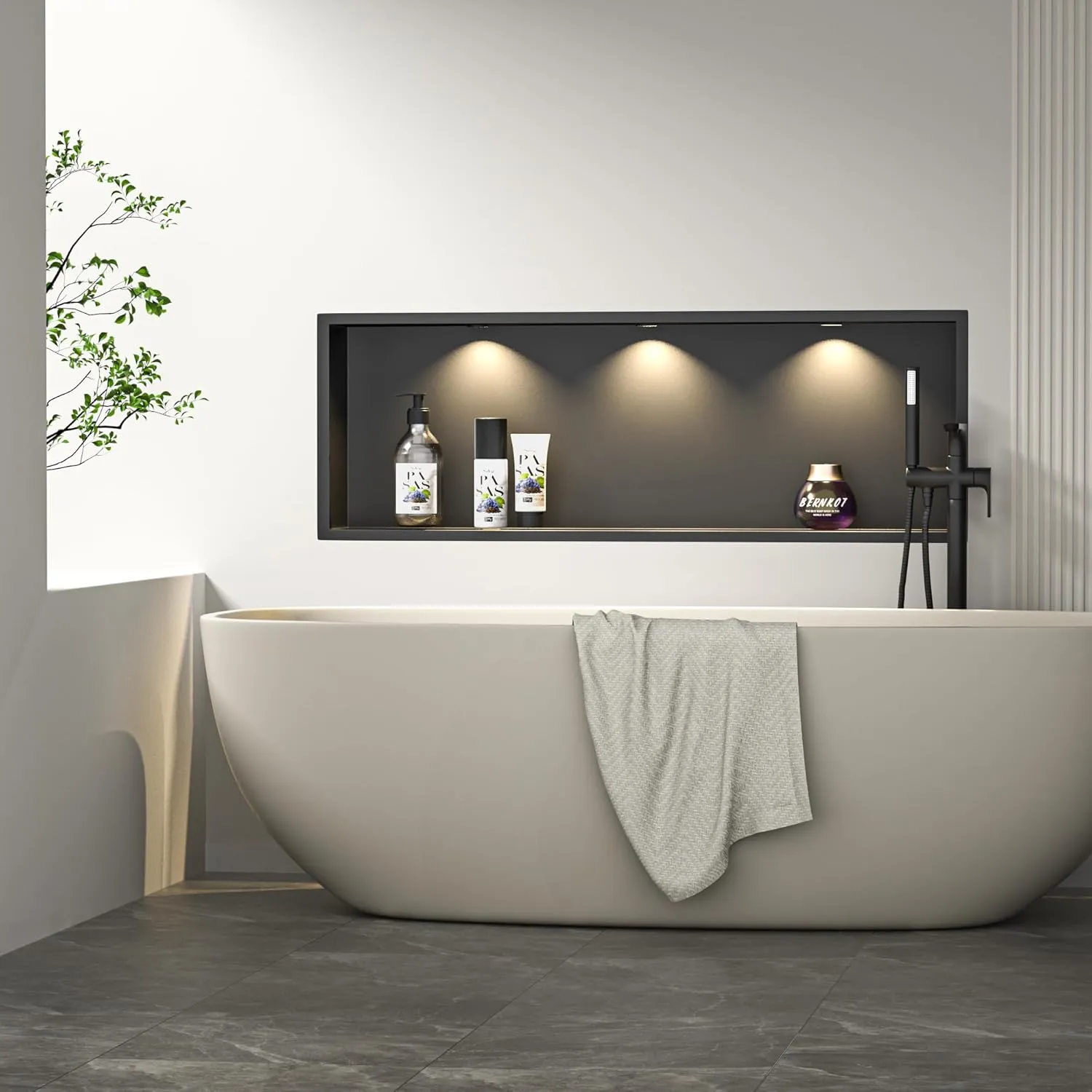 Stainless Steel Shower Niche 36" X 12" Matte Black with Led Downlight Waterproof No Tile Needed Wall Niche for Bathroom Storage Over Mount Installation