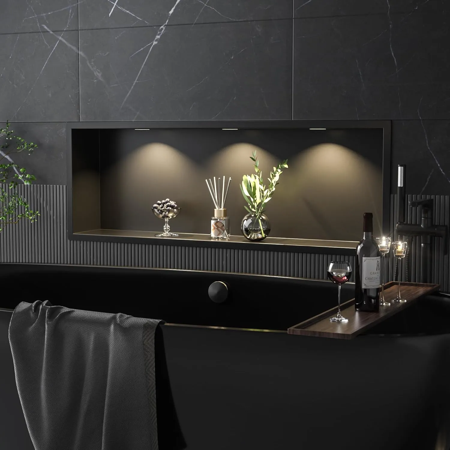 Stainless Steel Shower Niche 36" X 12" Matte Black with Led Downlight Waterproof No Tile Needed Wall Niche for Bathroom Storage Over Mount Installation