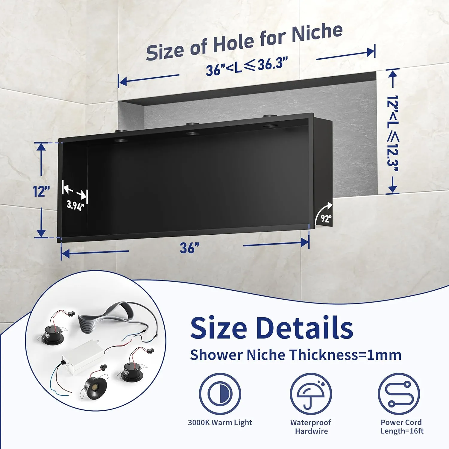 Stainless Steel Shower Niche 36" X 12" Matte Black with Led Downlight Waterproof No Tile Needed Wall Niche for Bathroom Storage Over Mount Installation
