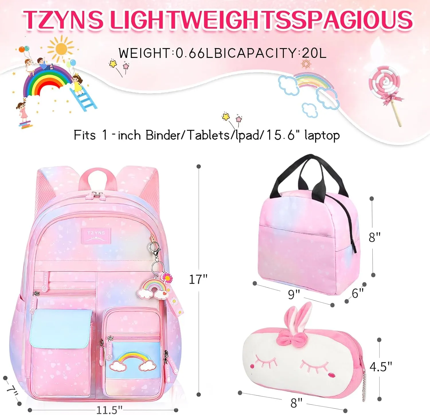Starry Rainbow Backpack Kawaii School Students Backpack Cute Large Capacity Kids Bookbag Multifunction Fashion Casual Laptop Travel Bag For Boy Girl (Purple-17inch)