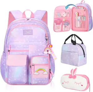 Starry Rainbow Backpack Kawaii School Students Backpack Cute Large Capacity Kids Bookbag Multifunction Fashion Casual Laptop Travel Bag For Boy Girl (Purple-17inch)