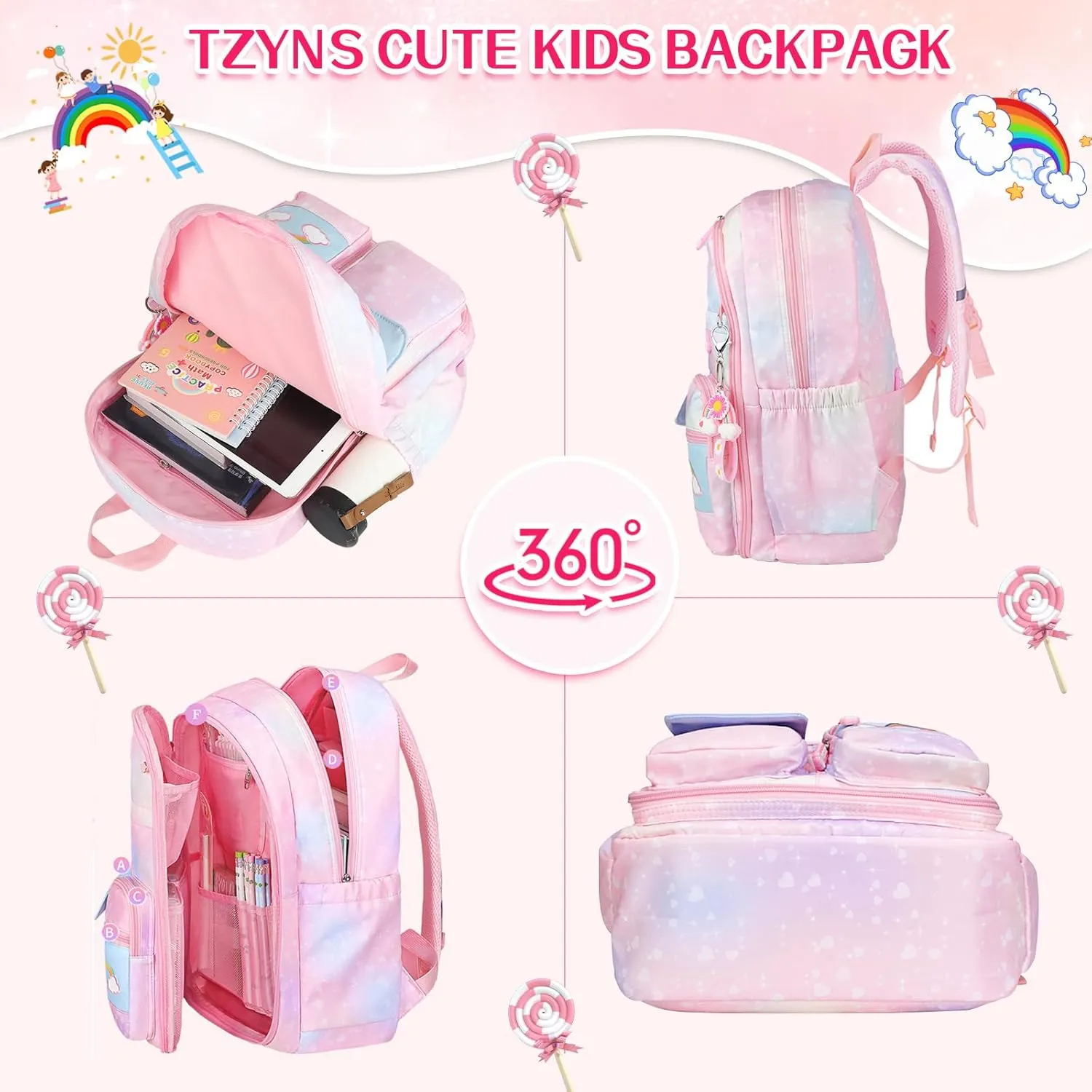 Starry Rainbow Backpack Kawaii School Students Backpack Cute Large Capacity Kids Bookbag Multifunction Fashion Casual Laptop Travel Bag For Boy Girl (Purple-17inch)