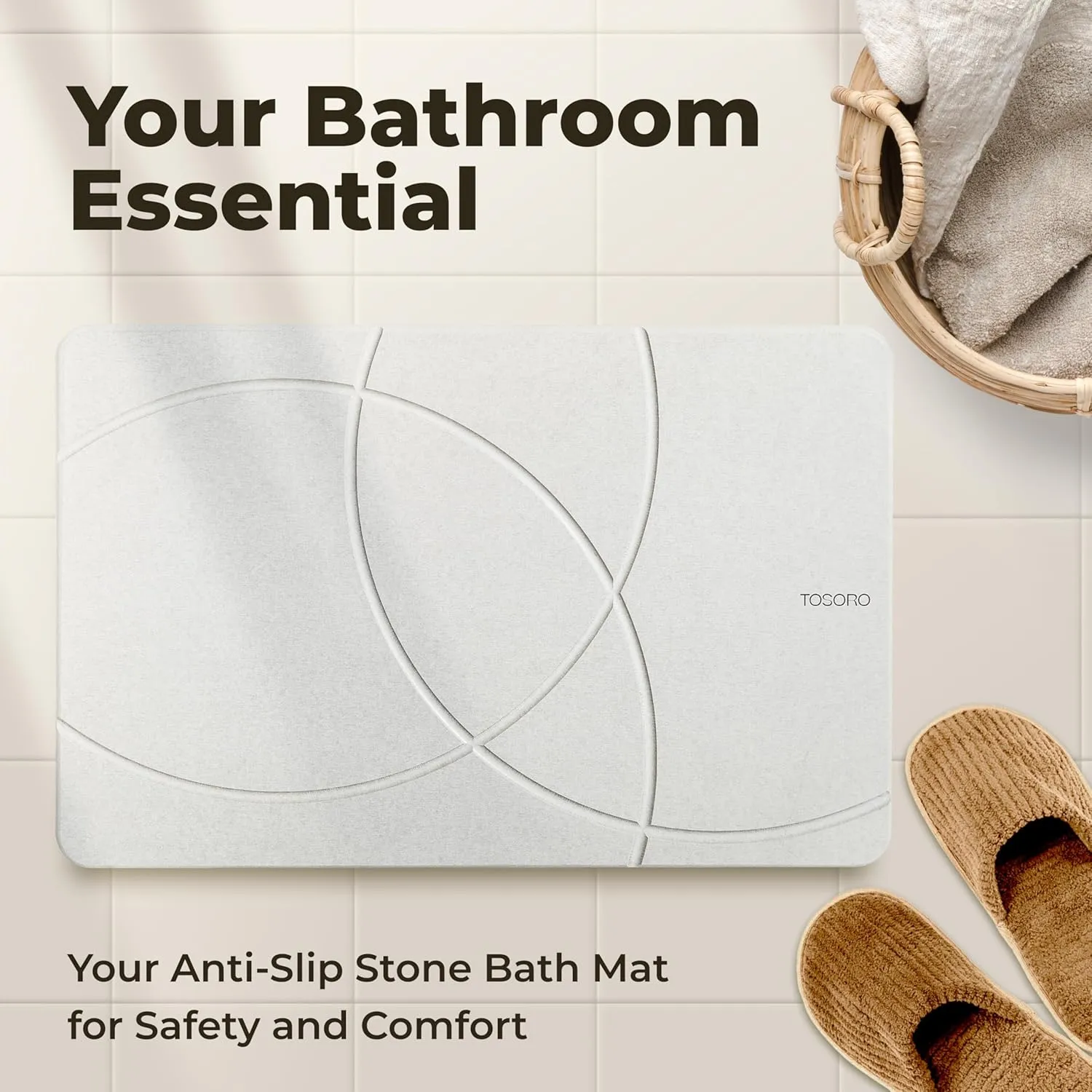 Stone Bath Mat, Diatomaceous Earth Non-Slip Stone Shower Mat - Quick Drying Absorbent Bath Mats for Bathroom - Elegant & Modern Design, Easy to Clean (23.5 x 15) - Grey