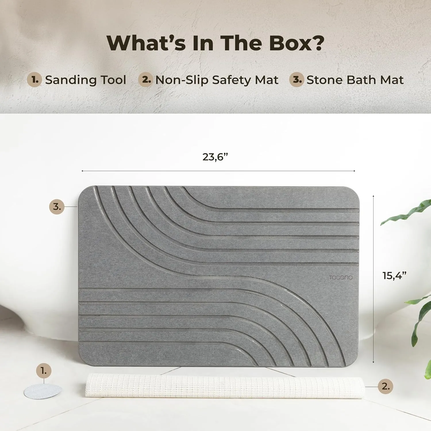 Stone Bath Mat, Diatomaceous Earth Non-Slip Stone Shower Mat - Quick Drying Absorbent Bath Mats for Bathroom - Elegant & Modern Design, Easy to Clean (23.5 x 15)