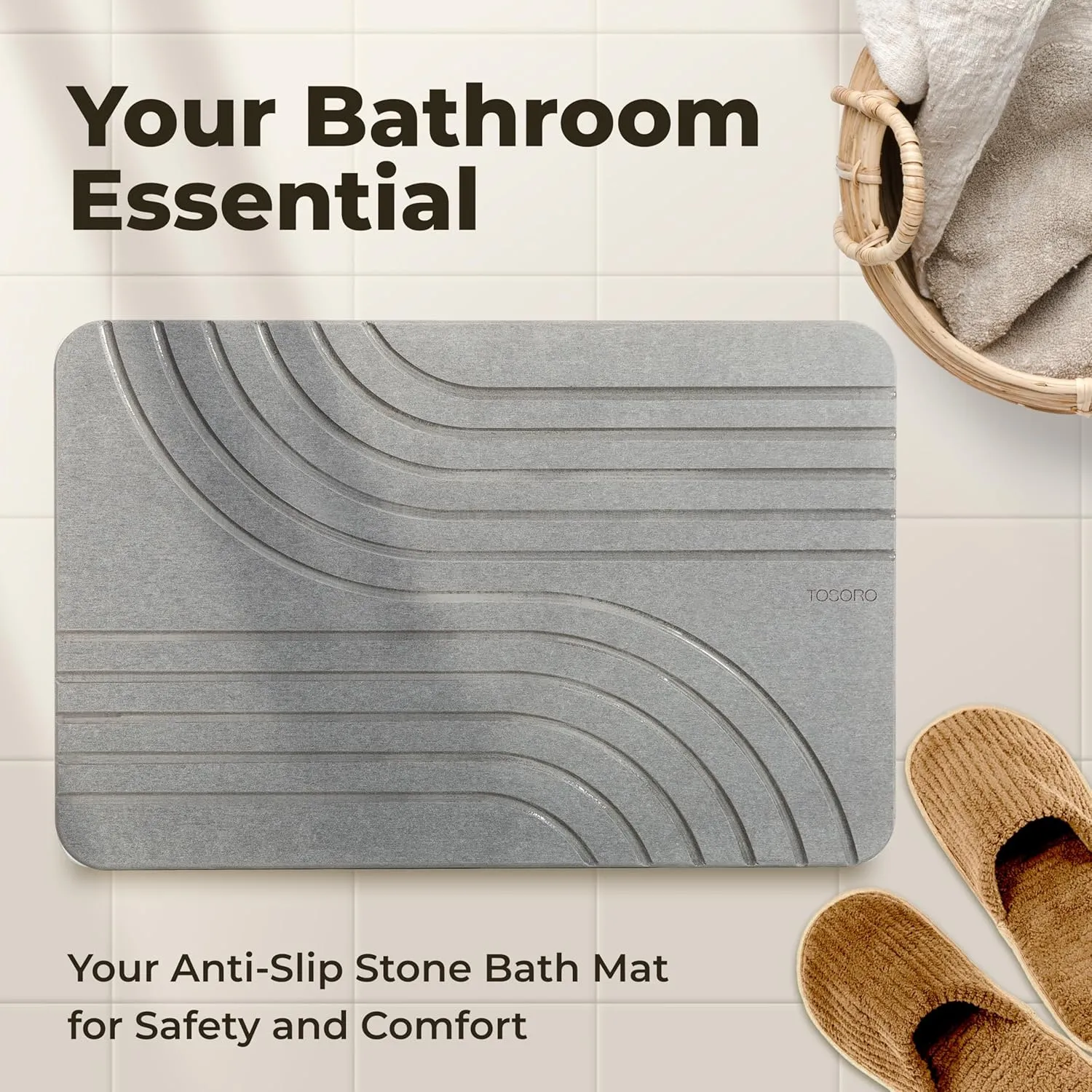 Stone Bath Mat, Diatomaceous Earth Non-Slip Stone Shower Mat - Quick Drying Absorbent Bath Mats for Bathroom - Elegant & Modern Design, Easy to Clean (23.5 x 15)