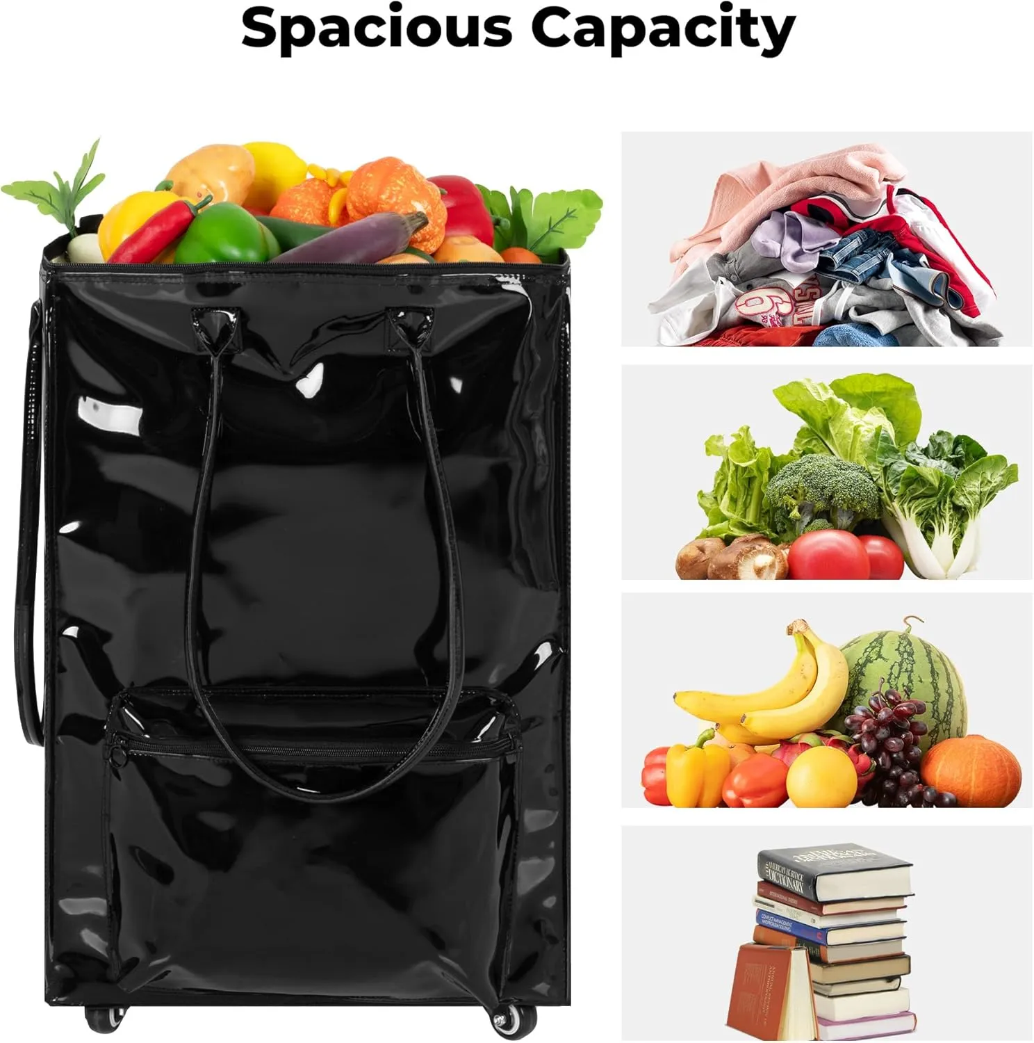 StorageWorks Grocery Cart on Wheels, Zipper Closure Rolling Bag, Shopping Trolley Carries Up to 44 lb, Rolling Tote Bag with Handles, Black, 72L, Medium