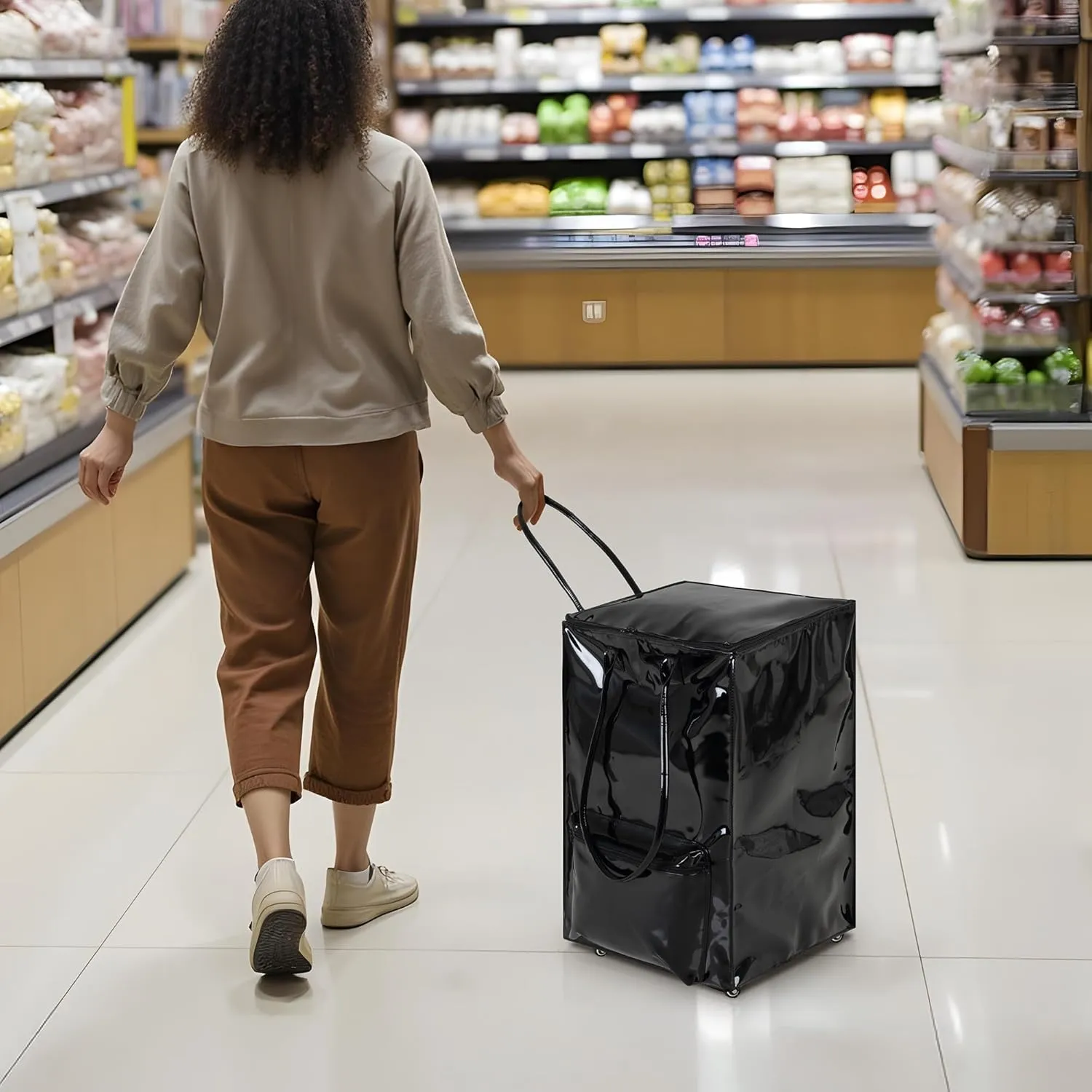StorageWorks Grocery Cart on Wheels, Zipper Closure Rolling Bag, Shopping Trolley Carries Up to 44 lb, Rolling Tote Bag with Handles, Black, 72L, Medium
