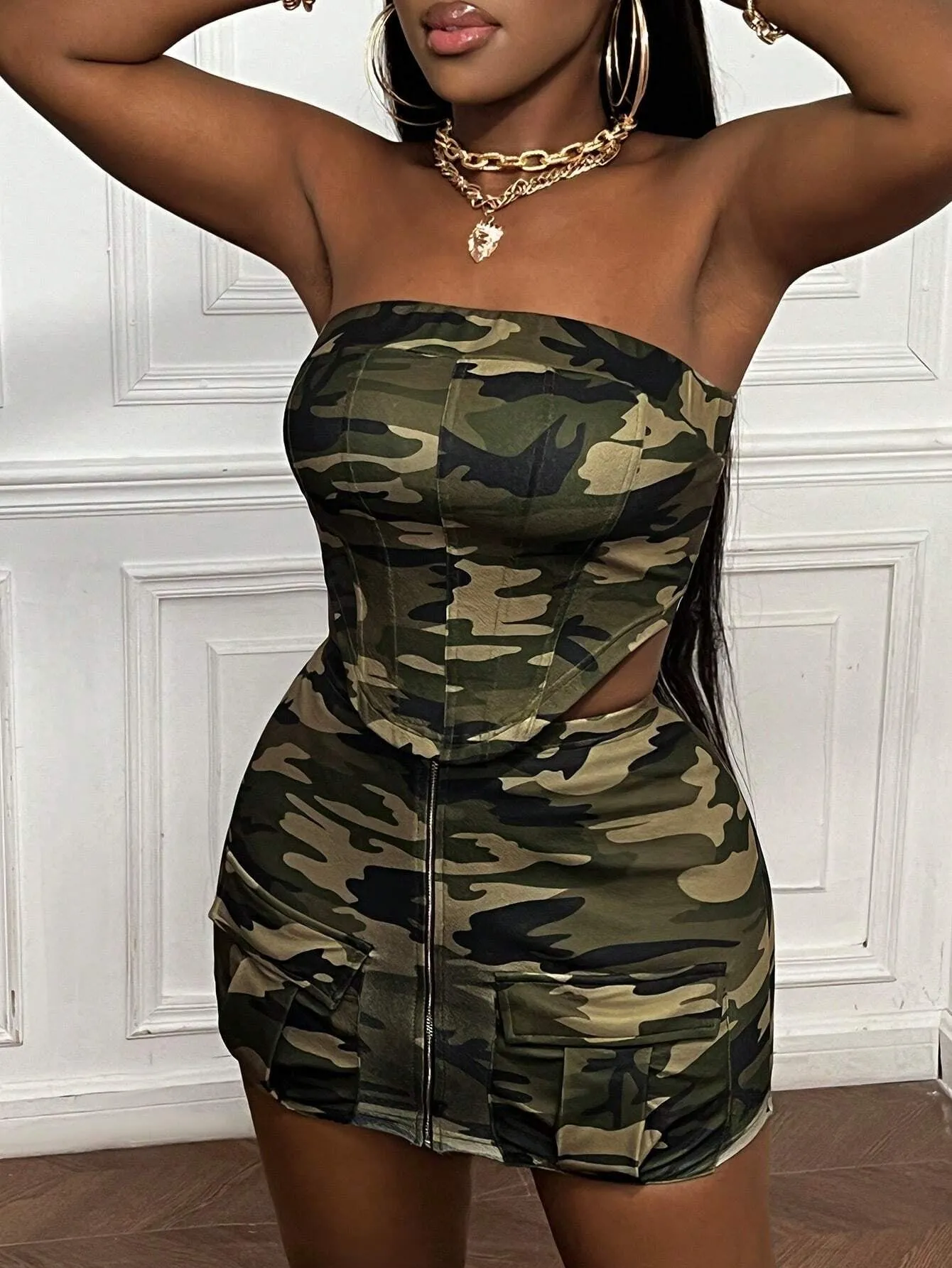 Street Style Camo Top and High-Waist Large Pocket Mini Skirt | Camo Set