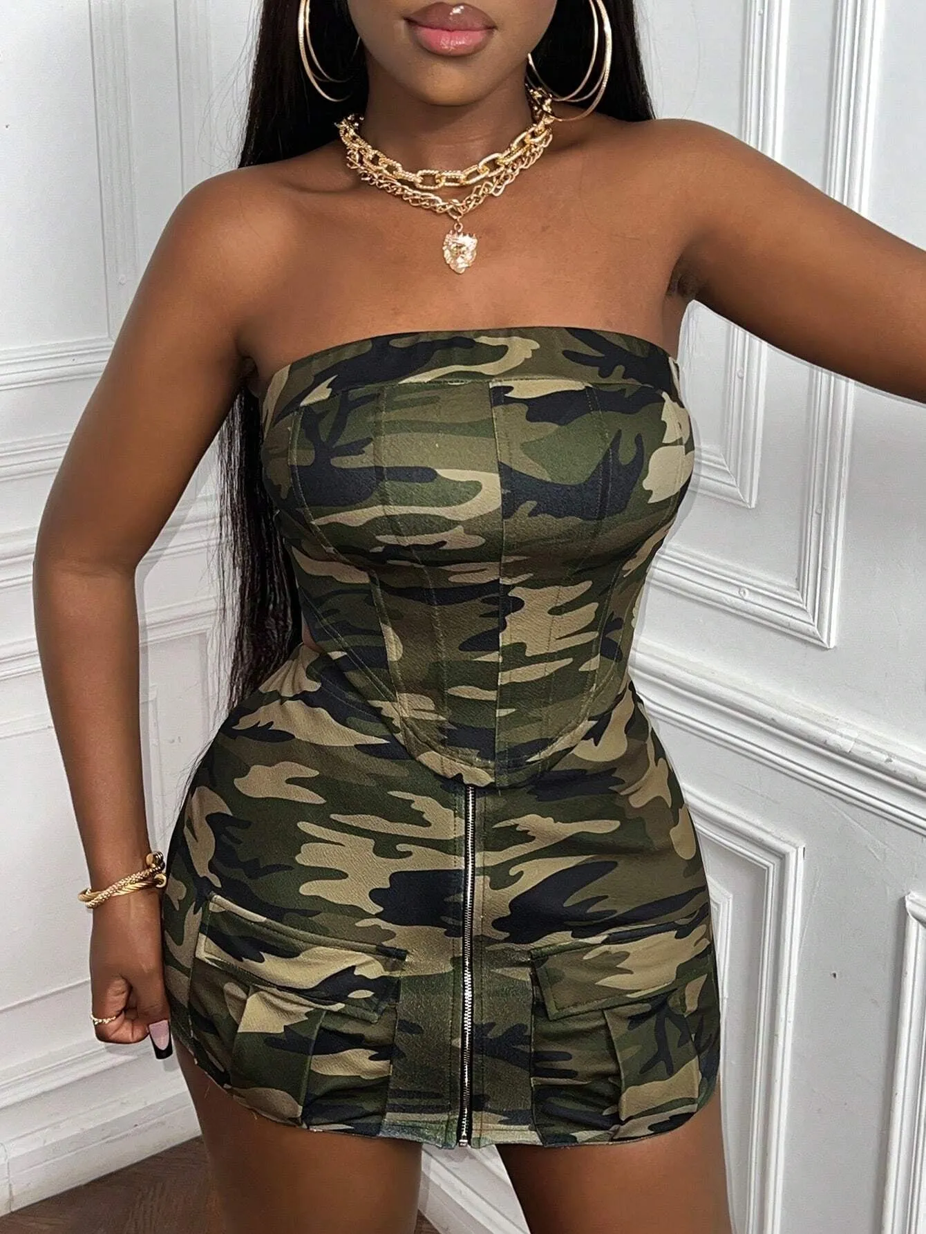 Street Style Camo Top and High-Waist Large Pocket Mini Skirt | Camo Set