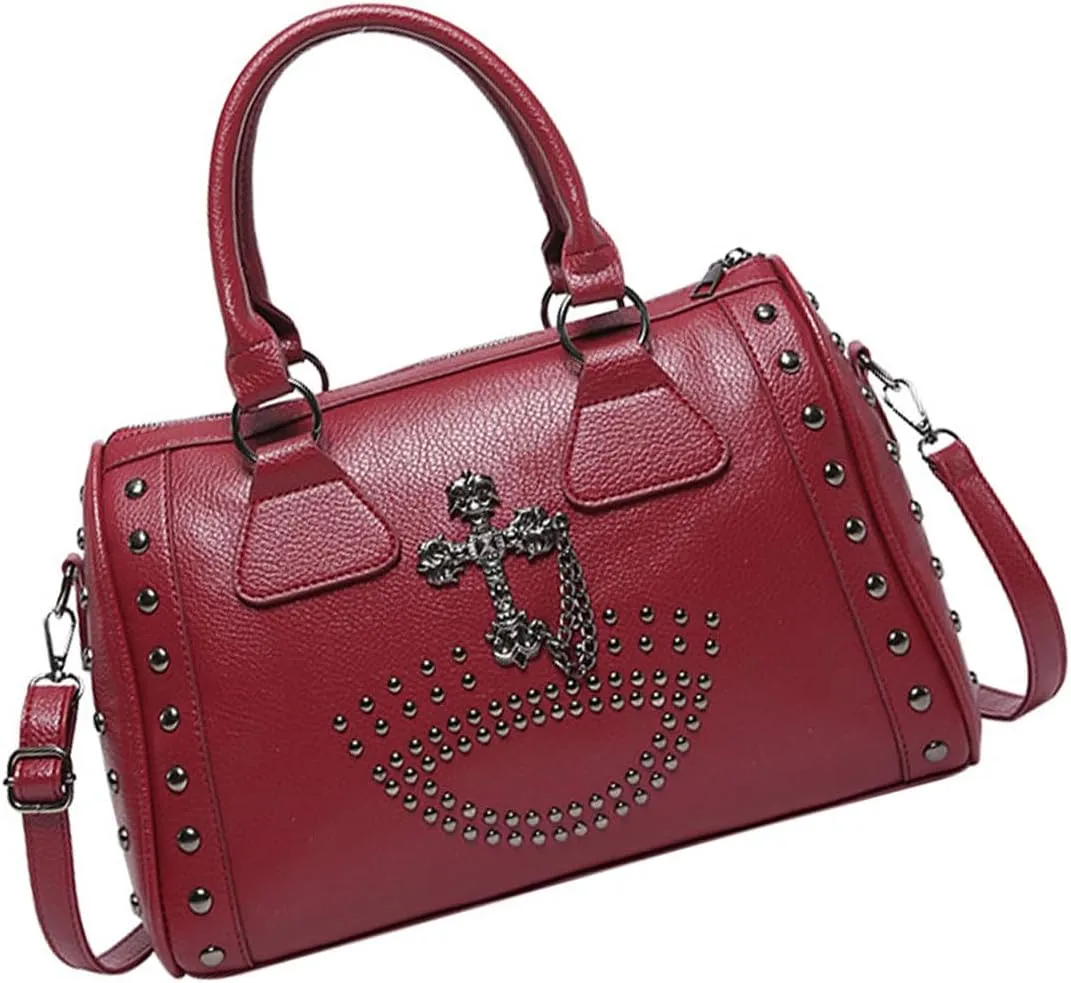 Studded Handbag，Punk Styles Skull Handbag Large Capacity Studded Doctor Bag with Adjustable Strap Large Capacity Shoulder Bag for Women