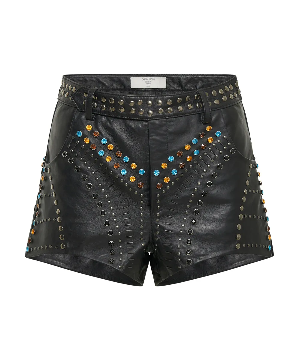 Studded Jewel High Waist Leather Shorts - Black
