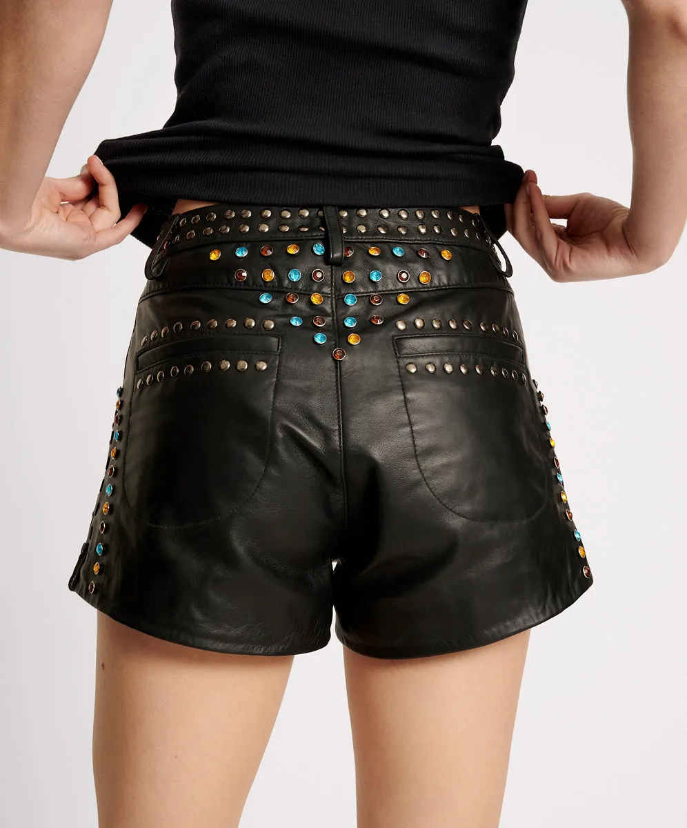 Studded Jewel High Waist Leather Shorts - Black