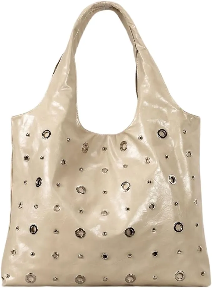 Studded Leather Tote Bag for Women Punk Rock Hobo Bag Grunge Y2k Shoulder Bags Trendy Large Handbags