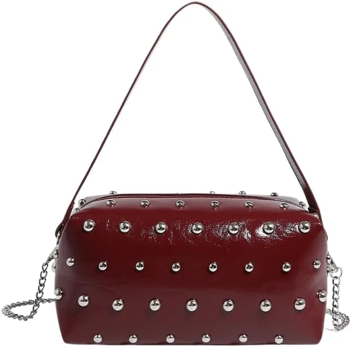Studded Purse Handbags for Women Punk Rock Studded Chain Purse Crossbody Bag Trendy Silver Studs Box Purse