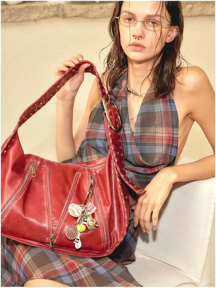 Studded Purse Large Tote Bag for Women Y2k Hobo Bag Vegan Leather Bag Red Purse Streetwear 2000s Purse