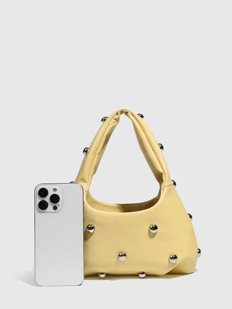 Studded Purses Crescent Shoulder Bag for Women Y2K Crescent Shaped Leather Bag Hobo Handbag Soft Leather Satchel Purse