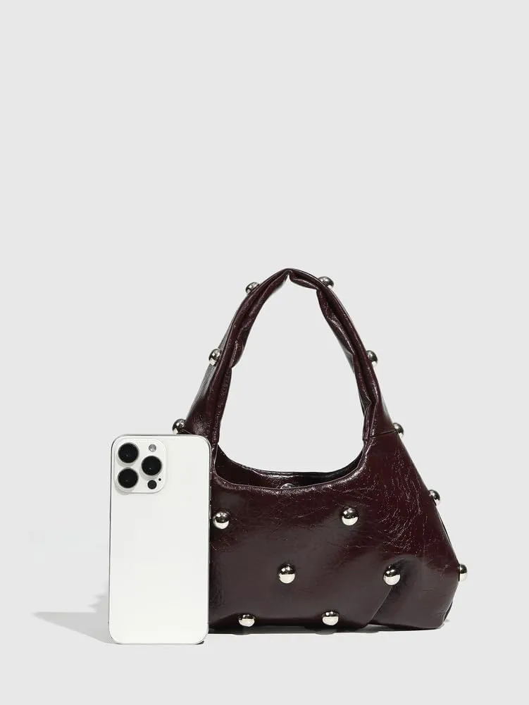 Studded Purses Crescent Shoulder Bag for Women Y2K Crescent Shaped Leather Bag Hobo Handbag Soft Leather Satchel Purse