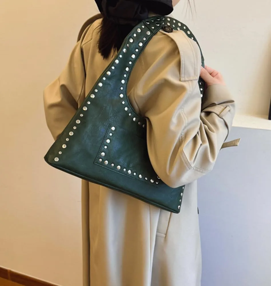 Studded Purses for Women Vegan Leather Handbag Vintage Y2K Tote Purse Stud Crescent Shoulder Bag Underarm Bag 2025
