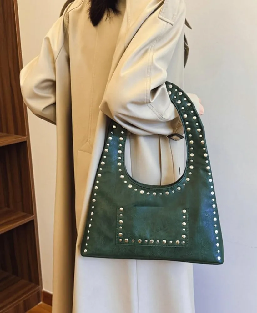 Studded Purses for Women Vegan Leather Handbag Vintage Y2K Tote Purse Stud Crescent Shoulder Bag Underarm Bag 2025
