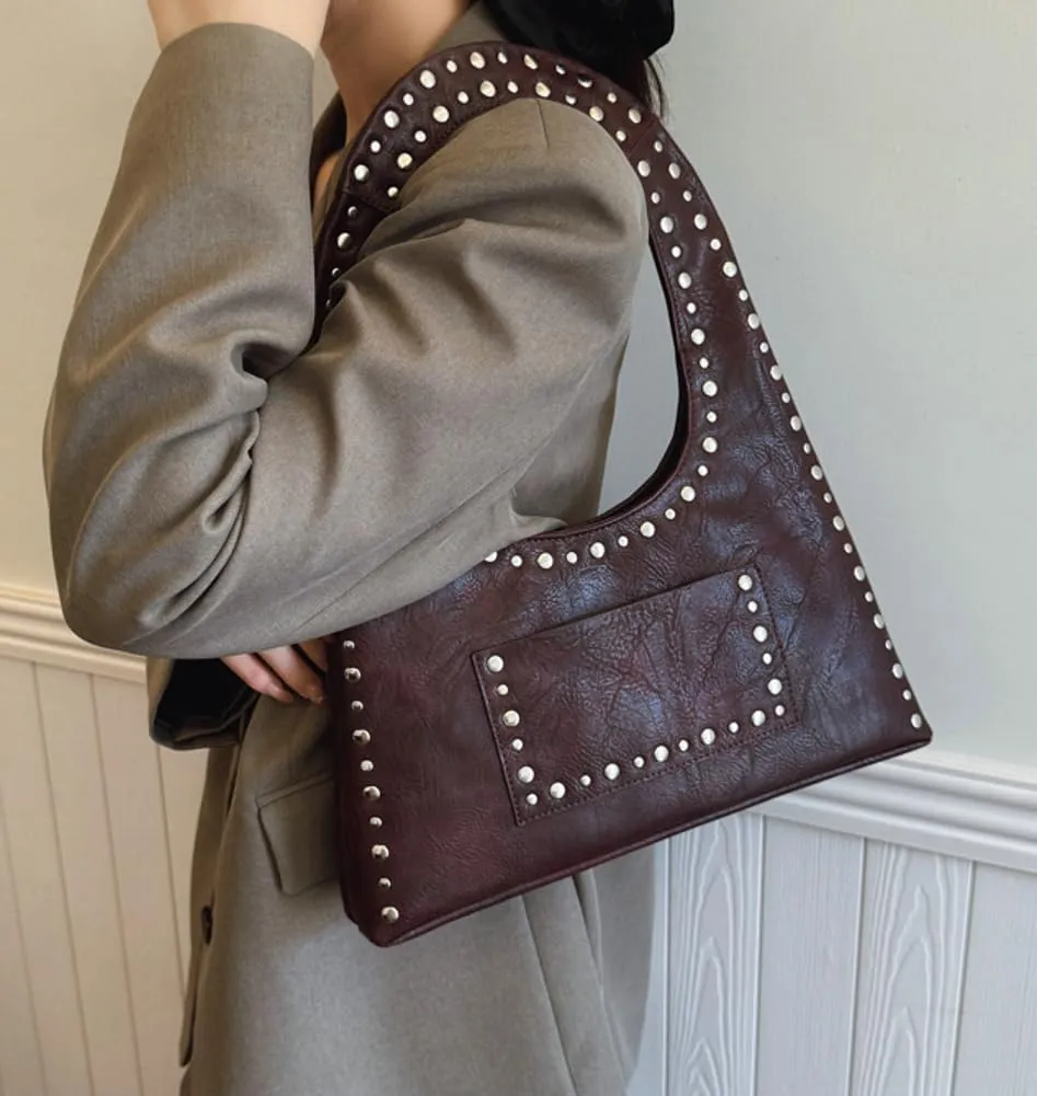 Studded Purses for Women Vegan Leather Handbag Vintage Y2K Tote Purse Stud Crescent Shoulder Bag Underarm Bag 2025