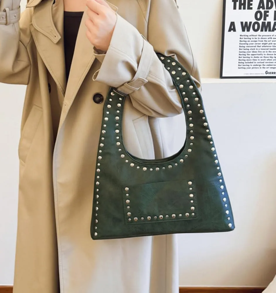 Studded Purses for Women Vegan Leather Handbag Vintage Y2K Tote Purse Stud Crescent Shoulder Bag Underarm Bag 2025