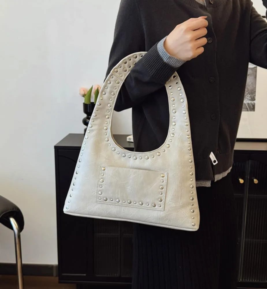 Studded Purses for Women Vegan Leather Handbag Vintage Y2K Tote Purse Stud Crescent Shoulder Bag Underarm Bag 2025