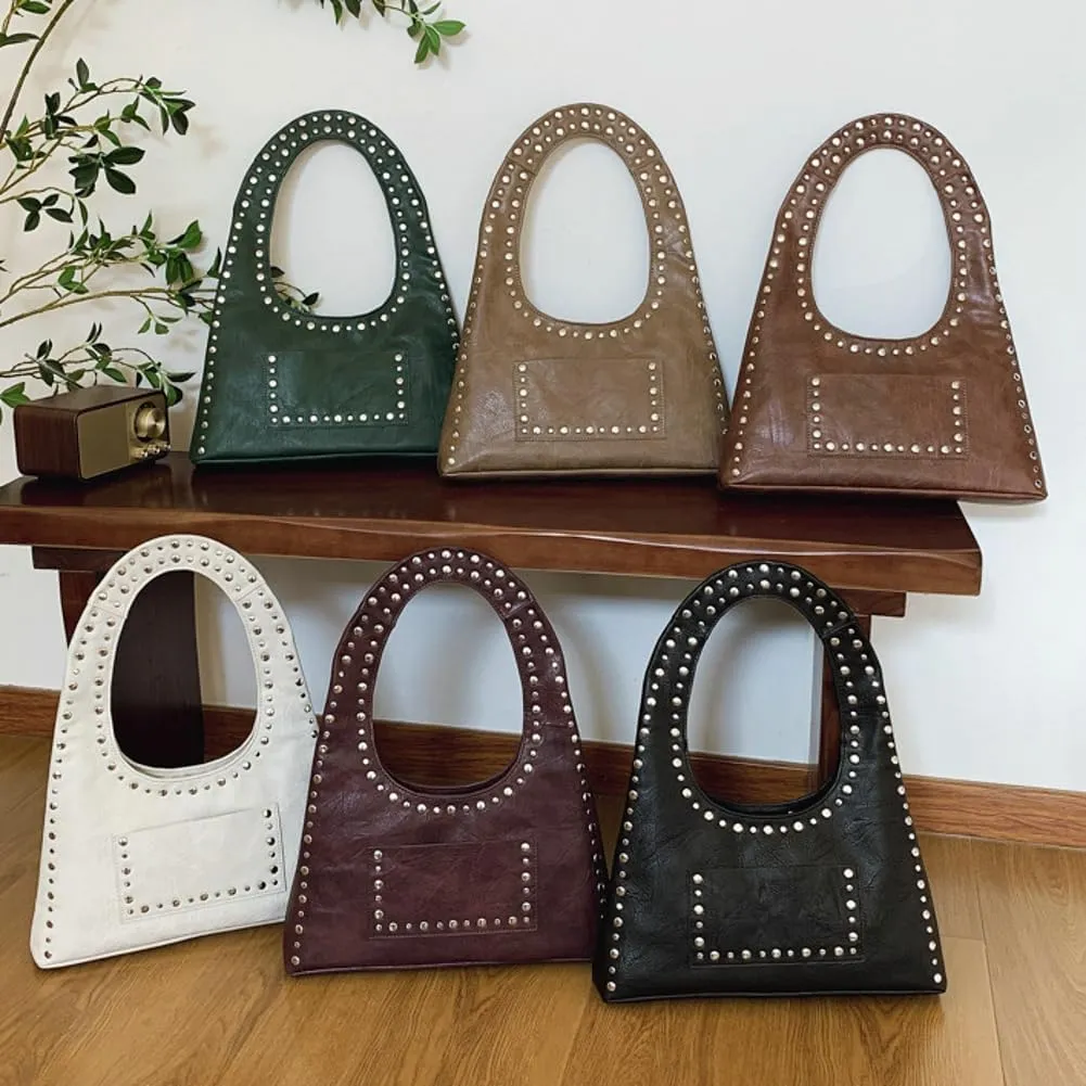 Studded Purses for Women Vegan Leather Handbag Vintage Y2K Tote Purse Stud Crescent Shoulder Bag Underarm Bag 2025