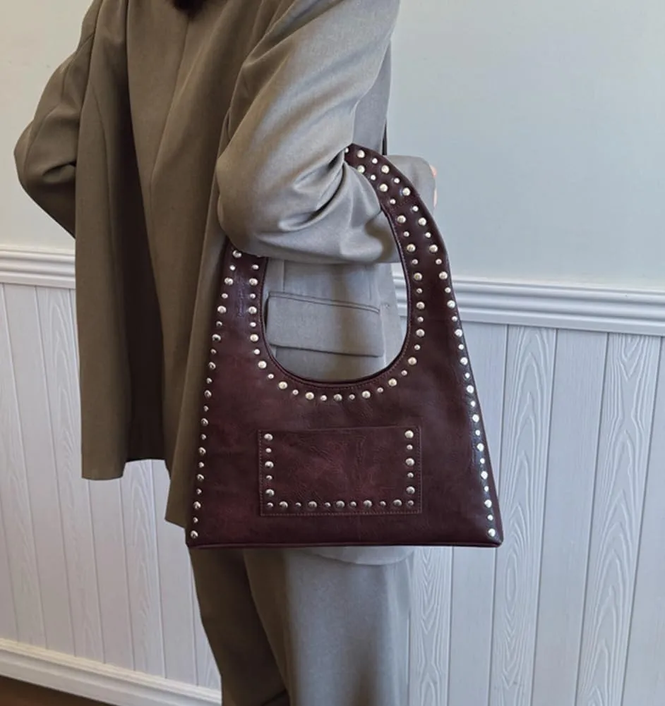 Studded Purses for Women Vegan Leather Handbag Vintage Y2K Tote Purse Stud Crescent Shoulder Bag Underarm Bag 2025