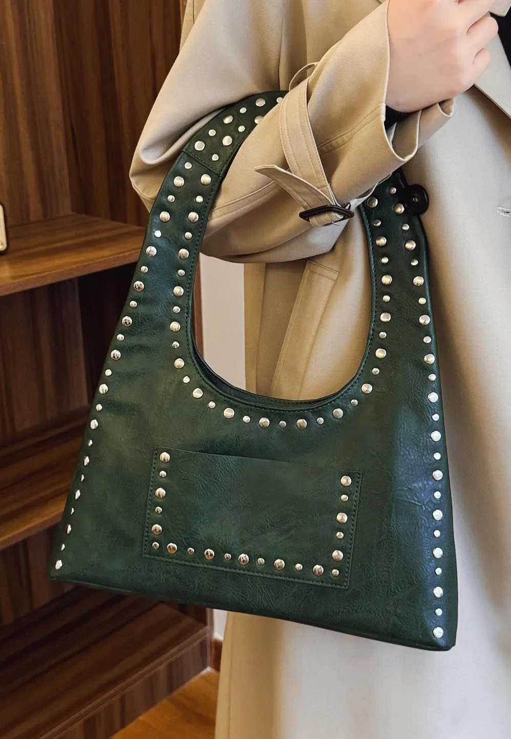 Studded Purses for Women Vegan Leather Handbag Vintage Y2K Tote Purse Stud Crescent Shoulder Bag Underarm Bag 2025
