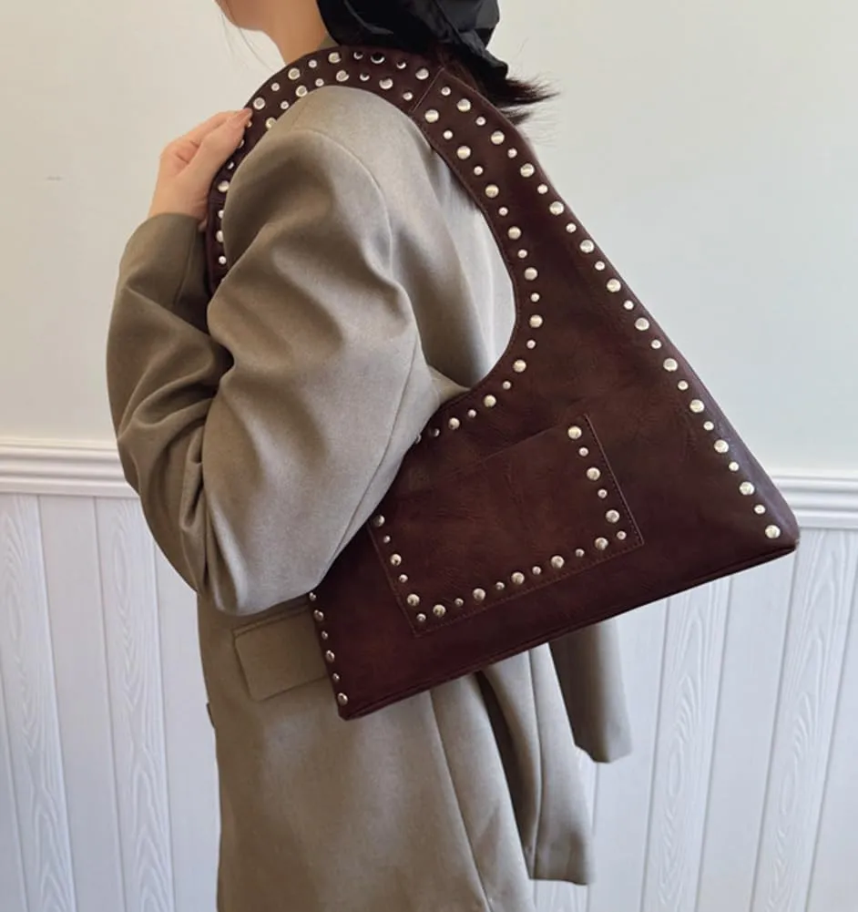Studded Purses for Women Vegan Leather Handbag Vintage Y2K Tote Purse Stud Crescent Shoulder Bag Underarm Bag 2025