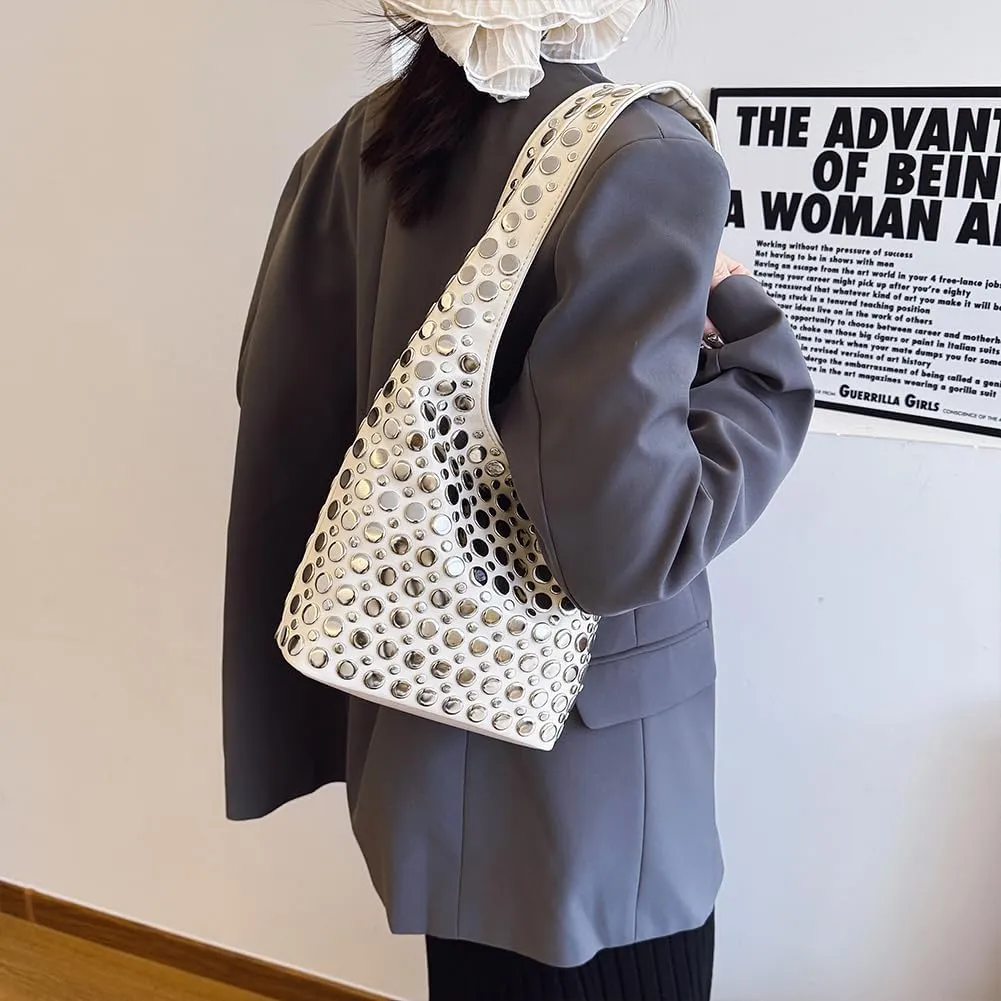 Studded Tote Bag for Women Black Shoulder Bag Y2K Purse Faux Leather Punk Style Hobo Handbag