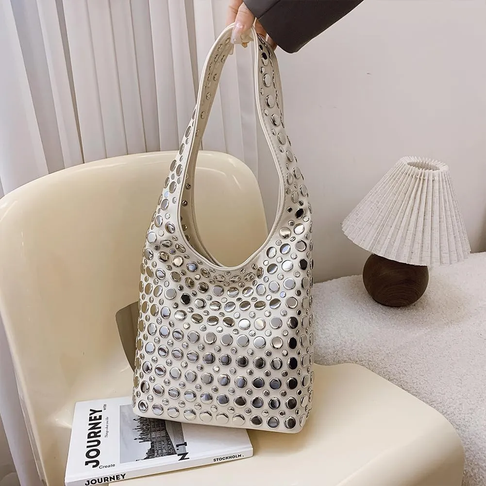 Studded Tote Bag for Women Black Shoulder Bag Y2K Purse Faux Leather Punk Style Hobo Handbag