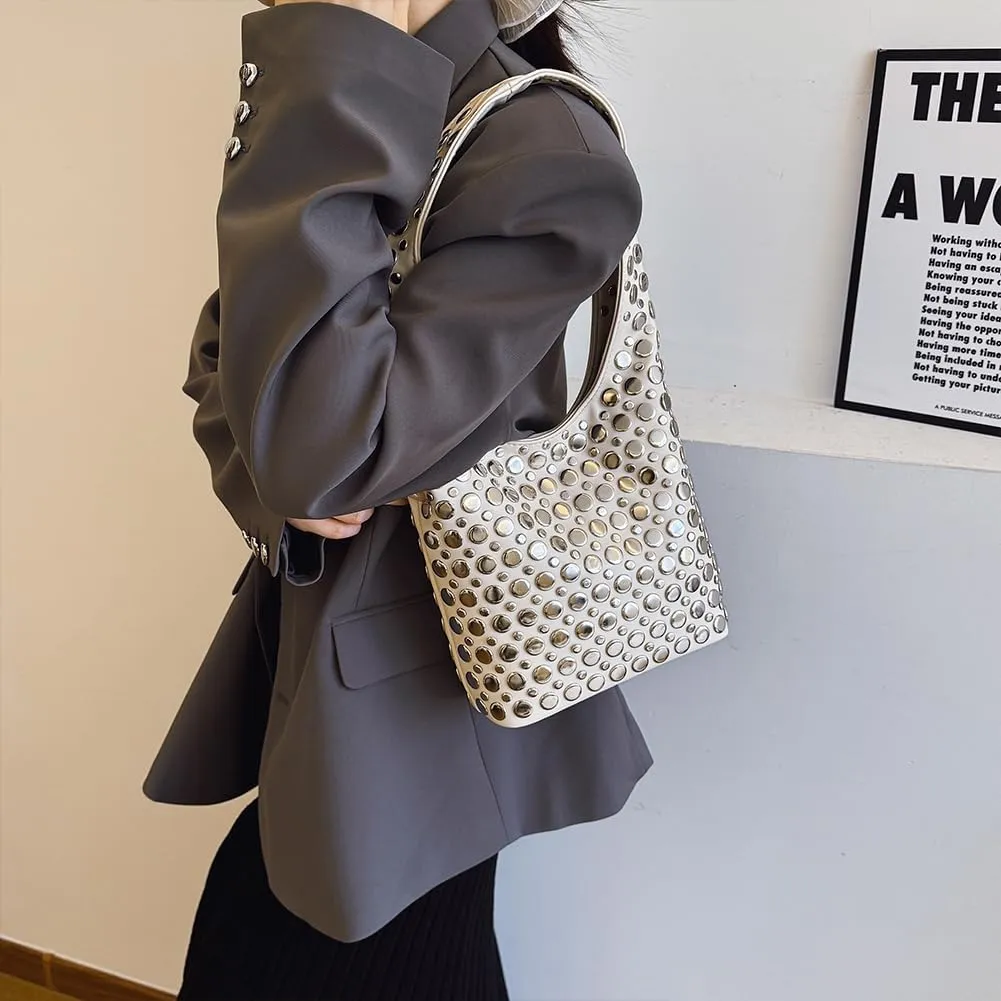 Studded Tote Bag for Women Black Shoulder Bag Y2K Purse Faux Leather Punk Style Hobo Handbag